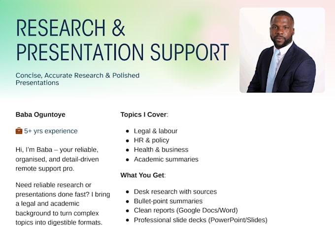 provide top tier research and presentation support for professionals